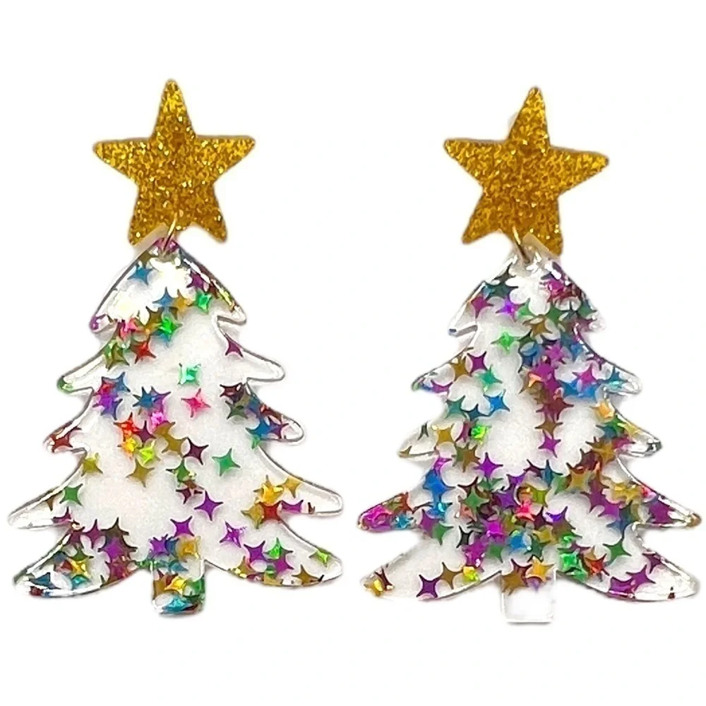 Clear Acrylic Christmas Tree Dangle Earrings Multicolored Stars Festive Jewelry